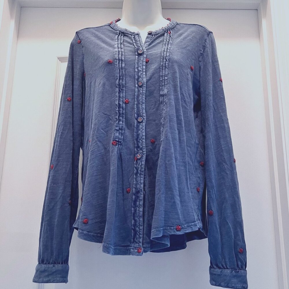 Lucky Brand Blue Button-Down Shirt with Red Embroidered Dots